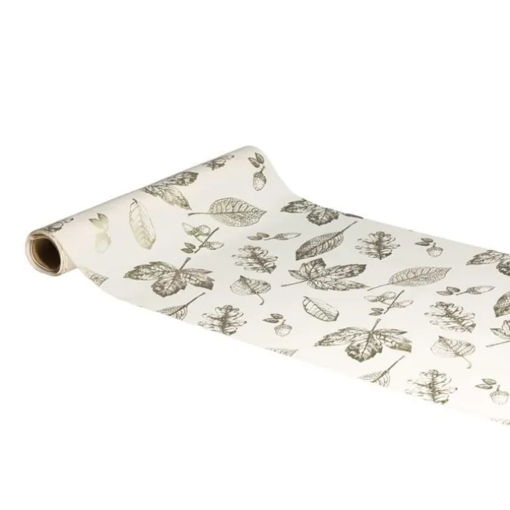 Chemin de table en tissu polyester coloris écru/champagne avec des motifs feuilles en métal – 28 cm x 3 m