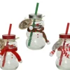 Chope transparente en verre avec couvercle et paille forme Bonhomme de neige - Ø 7,5 x H 12,5 cm