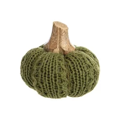 Citrouille tricot en laine tricotée verte et bois - Ø 9 x H 9 cm