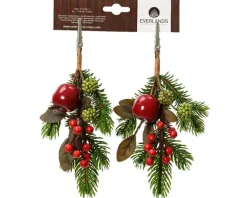 Clip décoratif branche de sapin vert, pommes et baies rouges - Ø 15 x H 22 cm