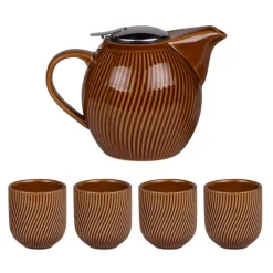 Coffret théière 0,9 L et 4 gobelets en grès marron Mao - les 5 pièces