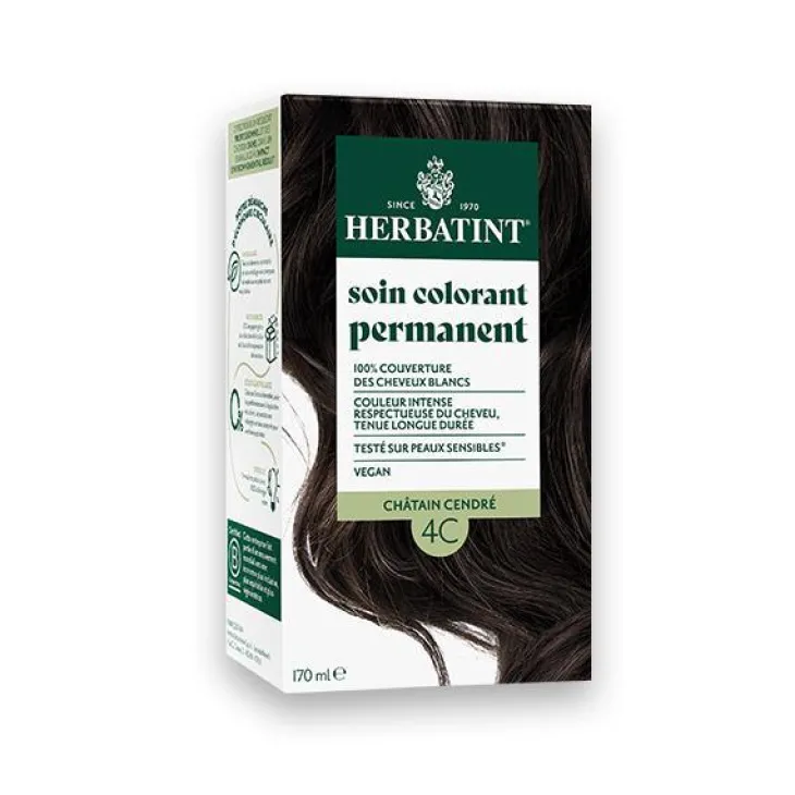 Coloration permanente pour cheveux châtain cendré 4C aux extraits végétaux biologiques vegan Herbatint - 170 ml