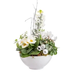 Composition florale jacinthe et primula cyclamen coupe coloris blanc