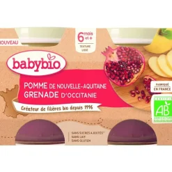 Compotes de pomme de Nouvelle Aquitaine et grenade d'Occitanie bio Babybio - 2 x 130 g