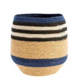 Corbeille de rangement conique rayée coloris multicolore en osier - 30 x 30 x 28 cm