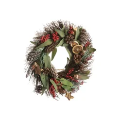 Couronne artificielle feuillage et pommes de pin décorée de fleurs séchées rouges - Ø 45 cm