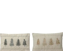 Coussin blanc en polyester brodé couleur motif sapins - 50 x 30 x 8 cm