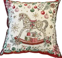 Coussin blanc, rouge et vert en PE/coton à motif cheval à bascule Séraphin - 45 x 45 cm