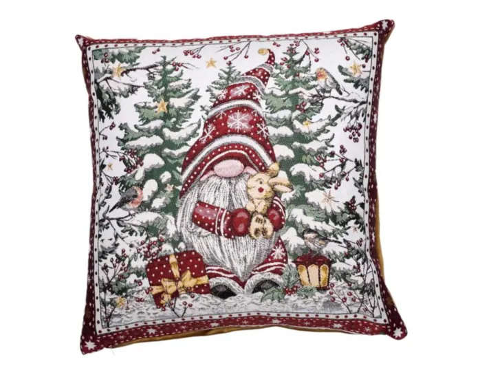 Coussin carré blanc, rouge et vert en PE/coton motif gnome - 45 x 45 cm