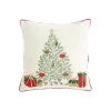 Coussin carré en coton blanc décor sapin vert brodé et bord rouge - 45 x 45 cm
