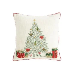 Coussin carré en coton blanc décor sapin vert brodé et bord rouge - 45 x 45 cm