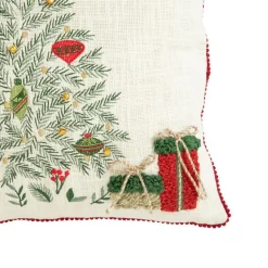 Coussin carré en coton blanc décor sapin vert brodé et bord rouge - 45 x 45 cm
