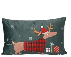 Coussin vert en polyester imprimé Chien de Noël - 50 x 30 x 8 cm