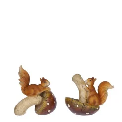 Écureuil marron en résine sur champignon renversé- 11,5 x 8 x 11,5 cm