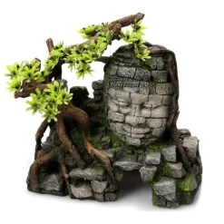 Décor aquarium temple angkor avec ses plantes coloris gris résine de polyester - 23 x 14 x 21 cm