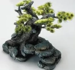 Décor d'aquarium pierre bonsai coloris vert en résine de polyester - 16,5 x 16,5 x 18 cm