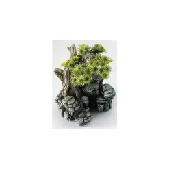 Décor d'aquarium pierre bonsai coloris vert en résine de polyester - 16,5 x 16,5 x 18 cm