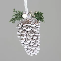 Décoration à suspendre pomme de pin enneigée blanche - 16 cm