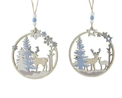 Décoration à suspendre ronde avec renne et sapin blanc et bleu - 11 x 0,5 x 12 cm