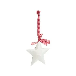 Décoration à suspendre étoile en métal blanc et nœud vichy rouge - Ø 10 cm