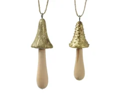 Décoration de Noël à suspendre forme champignon en bois de peuplier naturel or - Ø 2,5 x H 7 cm