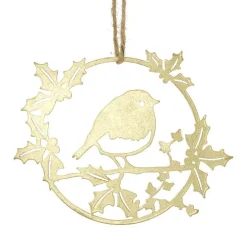 Décoration ronde à suspendre en métal doré oiseau - 18 x 14 cm
