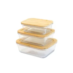 Ensemble de 3 boîtes rectangulaires en verre et bambou 400 à 1000 ml