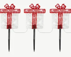 Ensemble de 3 piques solaires forme cadeaux rouges à 30 LED blanc froid pour extérieur - 1 m