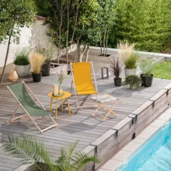 Fauteuil chilienne agrafée coloris jaune en coton - 132 x 55 x 35 cm