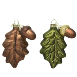 Feuille avec gland en verre vert et brun 7x2x10,5 cm