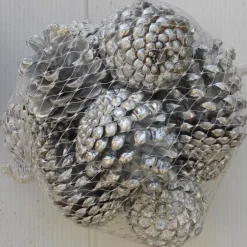 Filet de 12 petites pommes de pin teintées argent pour décoration de Noël