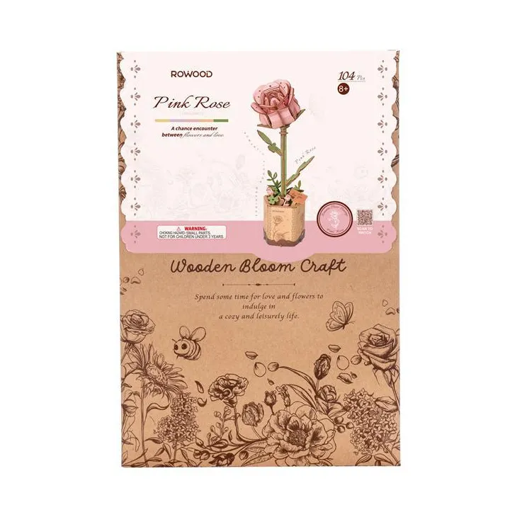 Fleur en bois à assembler Rose rose Rowood - H 24,5 cm