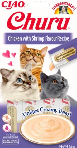 Friandise à lécher pour chat Inaba Churu poulet/crevette 14 g - les 4 pièces