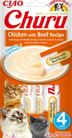 Friandise en crème pour chat poulet et bœuf Inaba Ciao Churu - 4 x 14 g