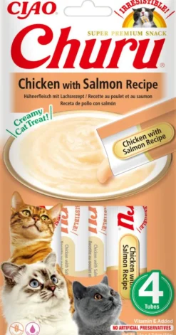 Friandise en crème pour chat poulet et saumon Inaba Ciao Churu - 4 x 14 g