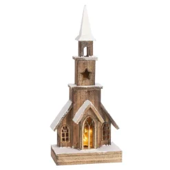 Église en bois de sapin avec éclairage à piles - 21 x 12 x 48 cm