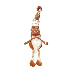 Gnome en polyester façon pain d’épice marron et blanc assis avec jambes pendantes - 44 cm