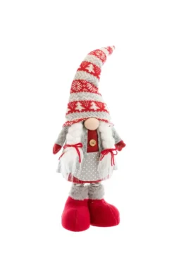 Gnome fille debout traditionnelle télescopique en tissu rouge et gris avec chaussons - 20 x 11 x 79 cm