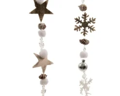 Guirlande de pommes de pin, perles et éléments en bois avec paillettes - 5 x 5 x 105 cm