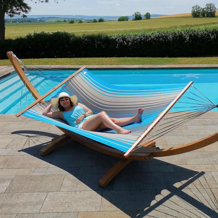 Hamac coloris turquoise anthracite certifié FSC® Jobek Hamac Kouple - 350 x 140 cm