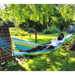 Hamac coloris vert bleu écru en polypropylène Jobek Hamac Kolor - 300 x 100 cm