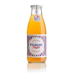Jus de pomme pulpé bio. La bouteille de 75 cl