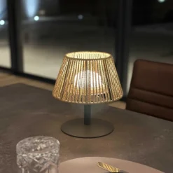 Lampe de table USB sans fil avec abat-jour naturel - Ø 20 x H 22 cm