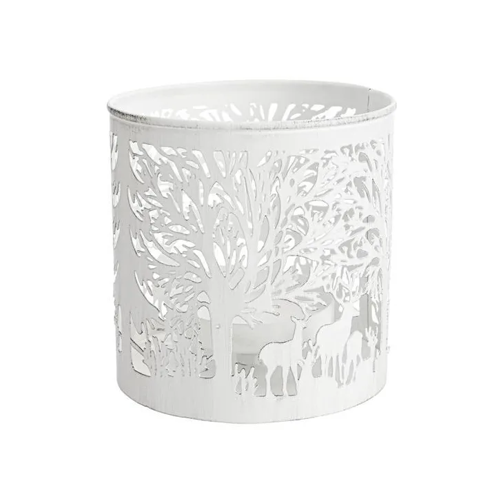 Lanterne à décor forêt en métal blanc ajouré - Ø 17,5 x H 21,5 cm