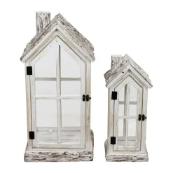 Lanterne en bois de sapin forme maison blanche avec verre grand modèle - 28 x 21 x 57 cm