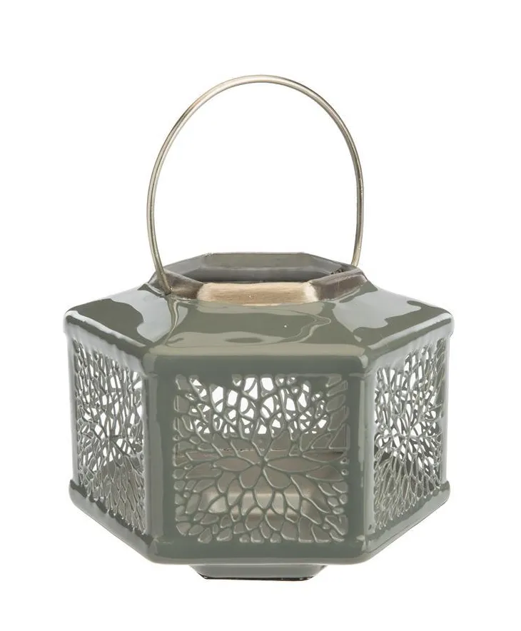 Lanterne hexagonale coloris gris en métal - 18 x 18 x 16 cm