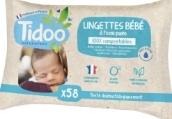 Lingettes bébé à l'eau pure 100 % compostables Tidoo - Paquet de 58 lingettes