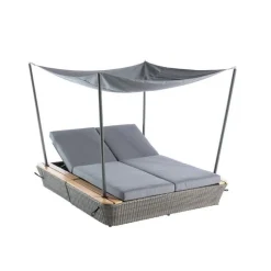 Lit double en aluminium, résine tressée et toile Islo - 200 x 180 x 170 cm