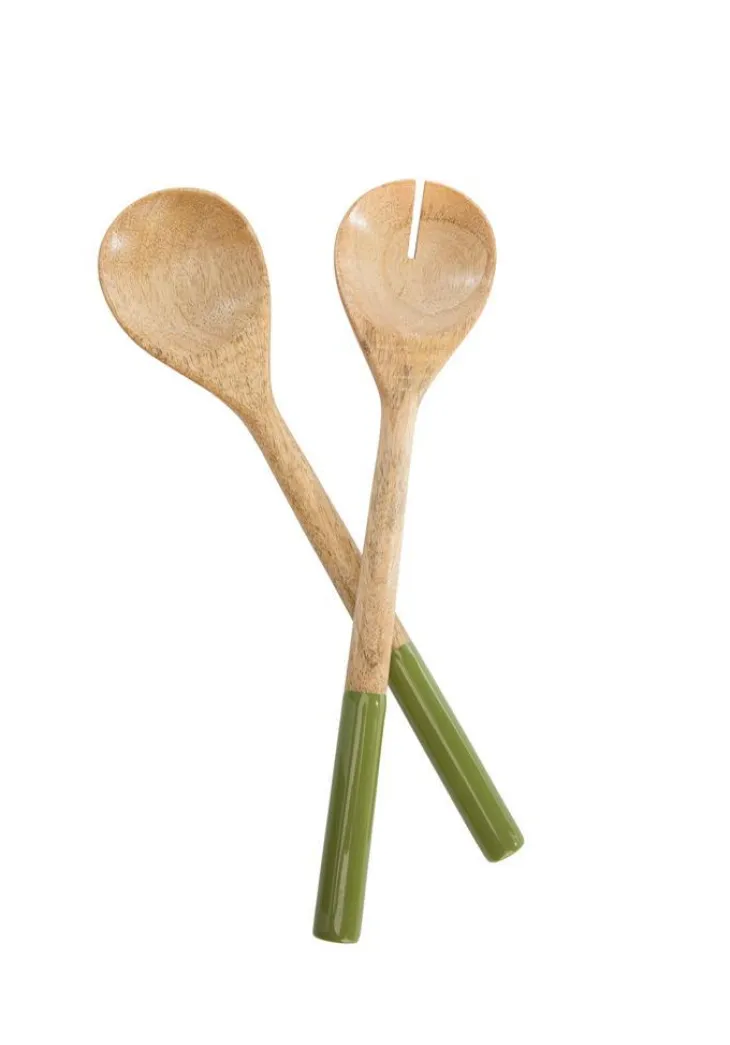 Lot de 2 couverts coloris vert en manguier émaillé - 25 x 8 x 3 cm