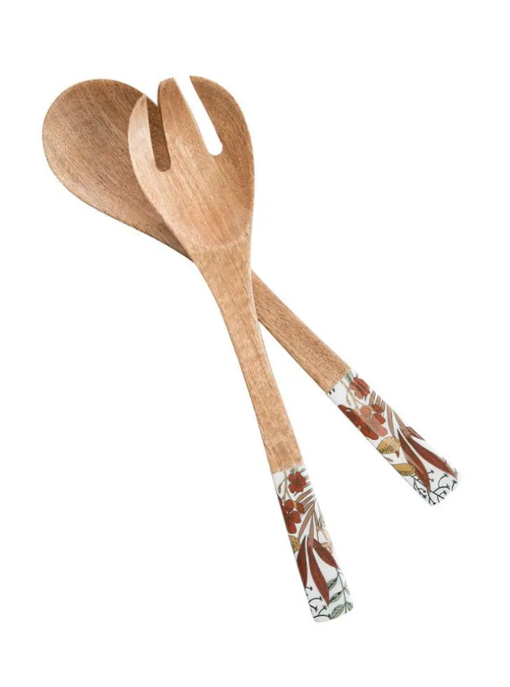 Lot de 2 couverts décor floral coloris marron en bois de manguier - 33 x 7 x 2 cm